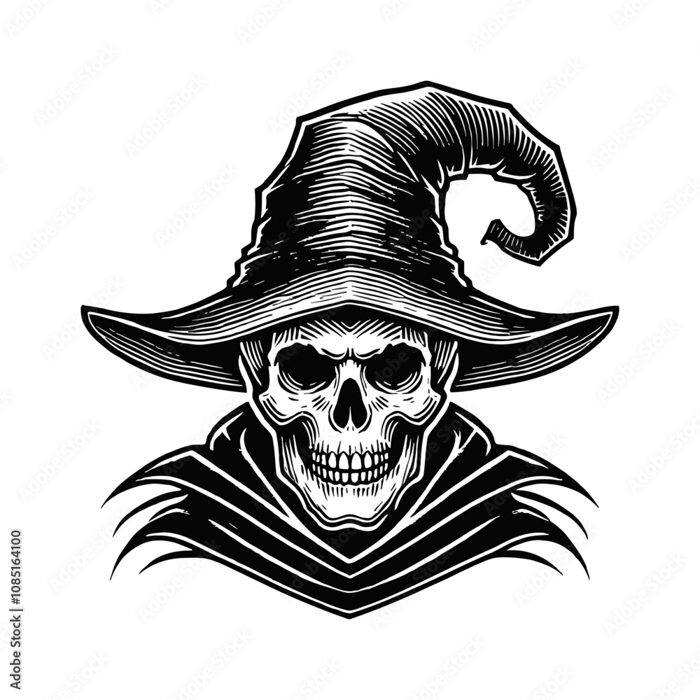Fototapeta premium skull sorcerer hat engraving black and white outline