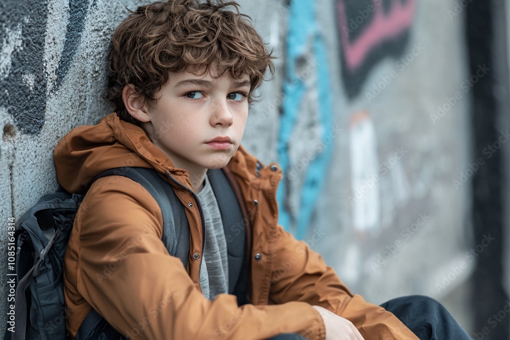 A Thoughtful Boy in an Urban Setting with Street Art A Thoughtful Boy in an Urban Setting with Street Art