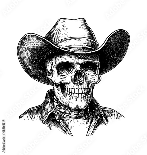 cowboy hat skull engraving black and white outline
