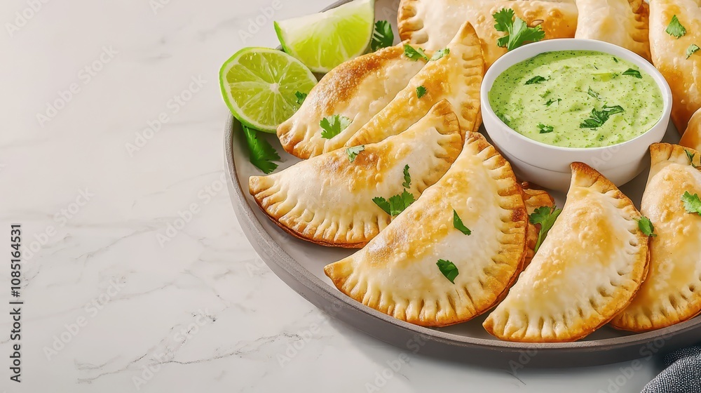 Golden baked empanadas garnished with cilantro and lime, served with green salsa on a marble background, representing a savory snack. Golden baked empanadas garnished with cilantro and lime, served with green salsa on a marble background, representing a savory snack.