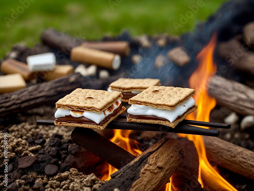 Roasting s’mores over campfire 
