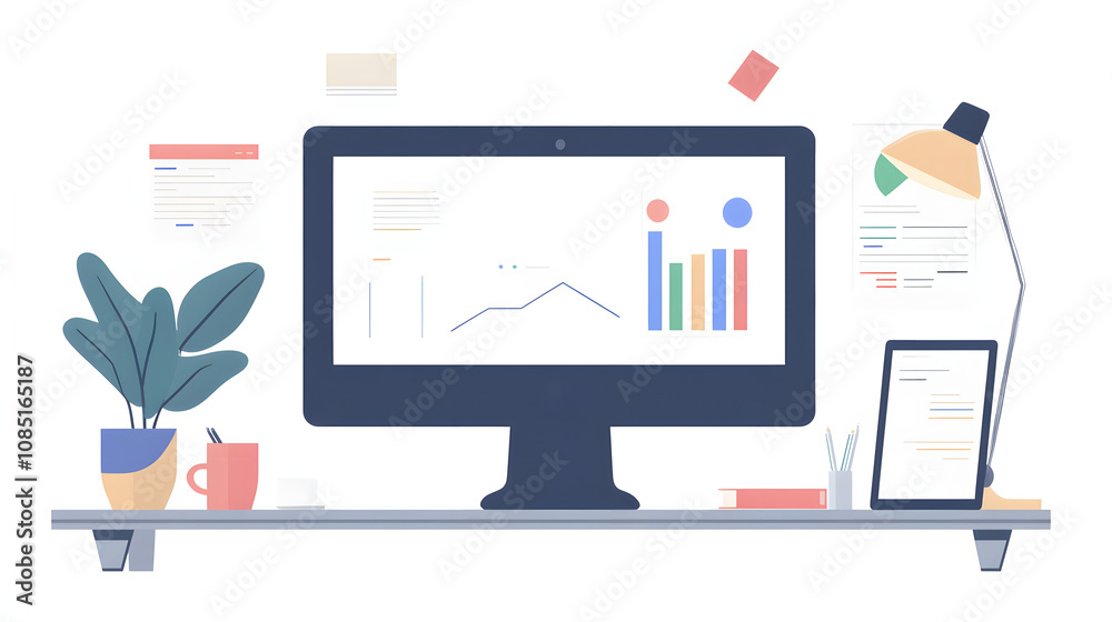 minimalist workspace with focus on digital marketing analytics, featuring computer monitor displaying graphs and charts, tablet, desk lamp, and potted plants for modern touch minimalist workspace with focus on digital marketing analytics, featuring computer monitor displaying graphs and charts, tablet, desk lamp, and potted plants for modern touch