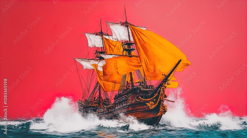 Obraz premium Epic Maritime Adventure: Detailed Illustration of a Historic Wooden Sailing Ship with Billowing Sails - Perfect for Sports Interior Posters and Nautical Decor Enthusiasts!