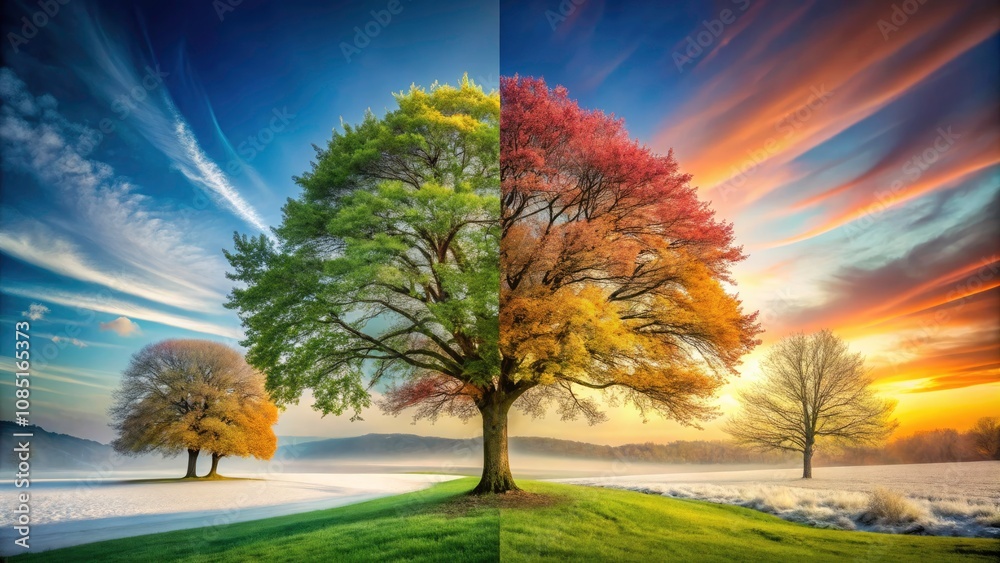 A Tree Through the Seasons: Long Exposure Capturing Spring, Summer, Fall, and Winter Transitions with Vibrant Leaves A Tree Through the Seasons: Long Exposure Capturing Spring, Summer, Fall, and Winter Transitions with Vibrant Leaves