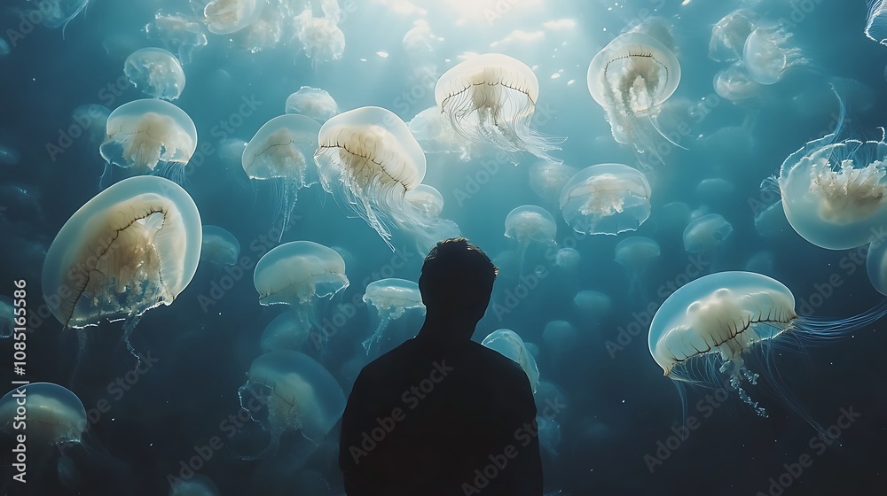 Fototapeta premium Graceful Jellyfish Drifting in Aquarium Under Radiant Sunlit Glow picture