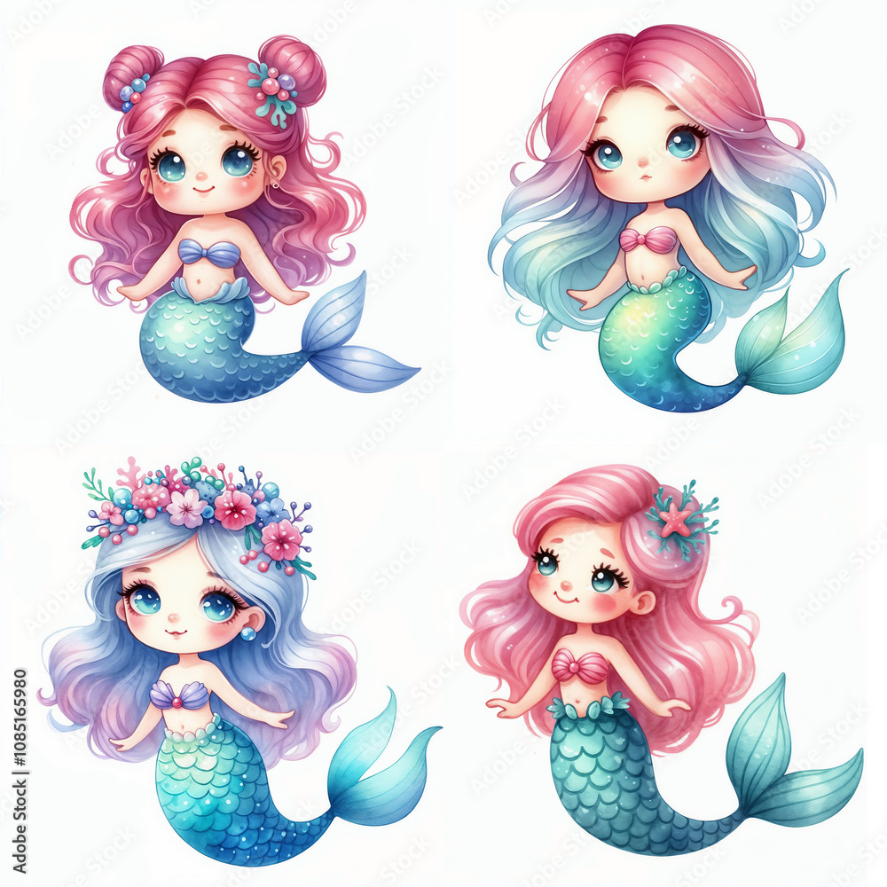 Obraz premium Cute cartoon mermaid set on white background. AI