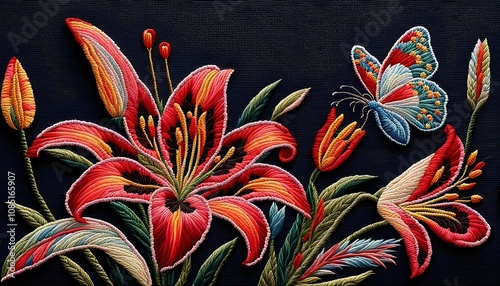 EMBROIDERY ART Red Lily and The Butterfly Handmade Craft Background