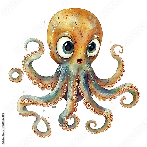 whimsical cartoon octopus with large eyes and colorful tentacles, showcasing quirky and playful design. This charming creature is perfect for children illustrations or fun decor photo