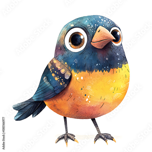 cute cartoon bird with vibrant blue and orange feathers, large expressive eyes, and whimsical design. This charming character is perfect for children illustrations or playful art photo