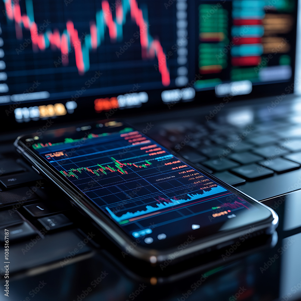 image shows smartphone displaying stock market data on laptop keyboard, illustrating financial trading and analysis image shows smartphone displaying stock market data on laptop keyboard, illustrating financial trading and analysis