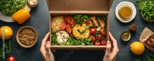 A hands-on shot of a customer opening a meal delivery box, revealing freshly cooked, ready-to-eat dishes photo