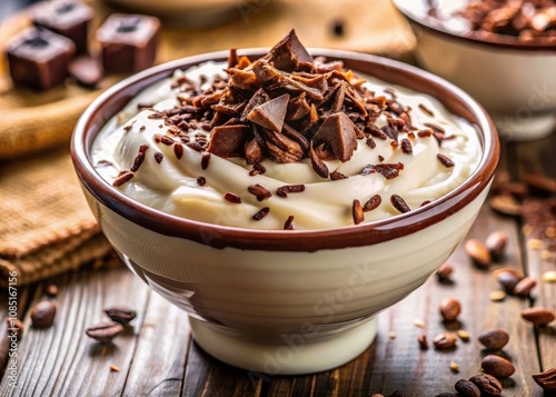 Delicious Vanilla Yogurt with Chocolate Stracciatella - Close-Up Macro Photography of Creamy Dessert Treat, Indulgent and Tempting, Perfect for Food Blogs and Recipe Websites