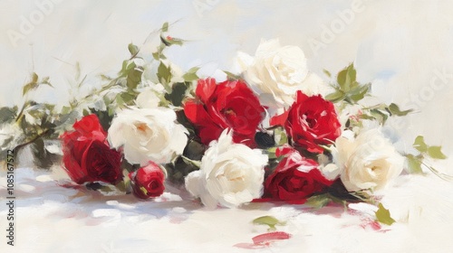 Detailed bouquet of red and white roses, with soft, natural lighting and vibrant petal textures.
