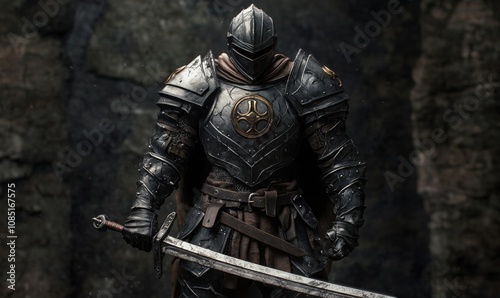 Armored knight holding sword, detailed armor, medieval fantasy, strong stance, dramatic lighting, textured background