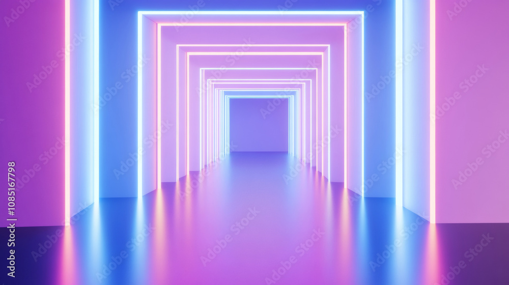 3D abstract neon light trail technology virtual reality corridor room background. cyberpunk futuristic fashion vibrant line and shape geometric blue purple glow glossy striking wallpaper 