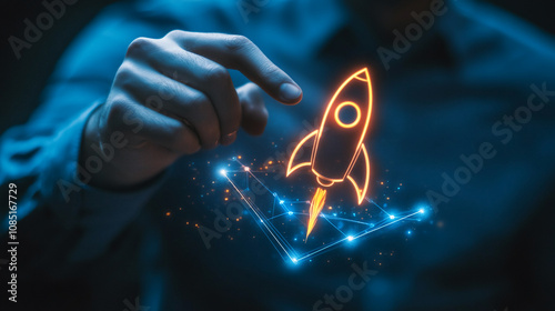 A hand interacts with a digital holographic rocket, illustrating a business launch or technological innovation