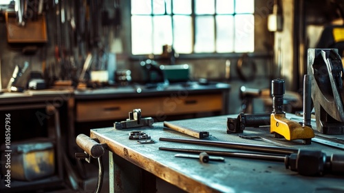 Intriguing metalworking bench with tools neatly placed, Workshop scene with metalcraft equipment ready for use, Industrial craftsmanship style photo