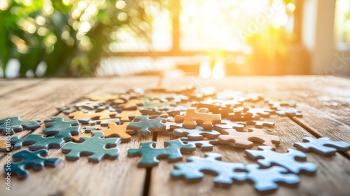 Jigsaw puzzle pieces scattered on a wooden table in a sunlit room, A bright and inviting room with a puzzle setup, Relaxing pastime style photo