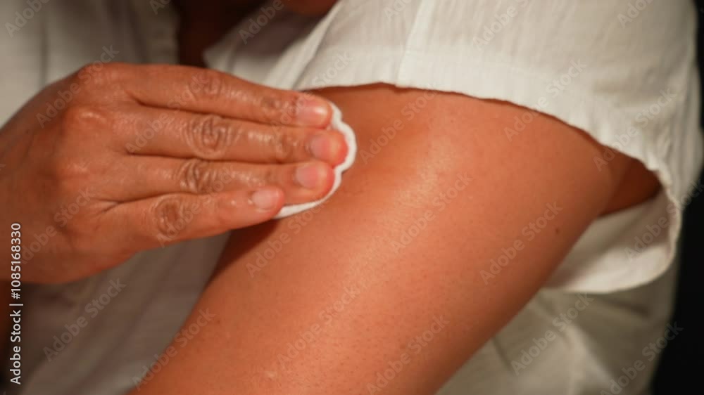 Woman using cotton and alcohol for cleaning her shoulder skin after injecting medication. Woman’s hand skin gets disinfected after medication shot of seasonal vaccine. Woman using cotton and alcohol for cleaning her shoulder skin after injecting medication. Woman’s hand skin gets disinfected after medication shot of seasonal vaccine.
