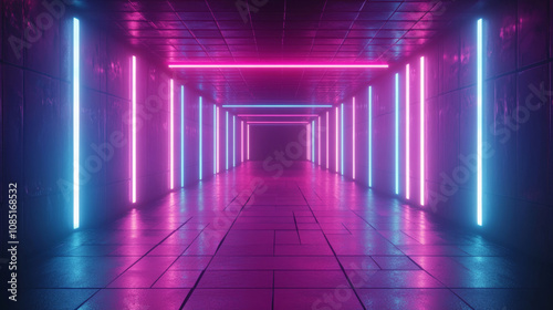 3D abstract neon light trail technology virtual reality corridor tunnel background. cyberpunk futuristic fashion vibrant line and shape geometric blue purple glow glossy club bar concert wallpaper