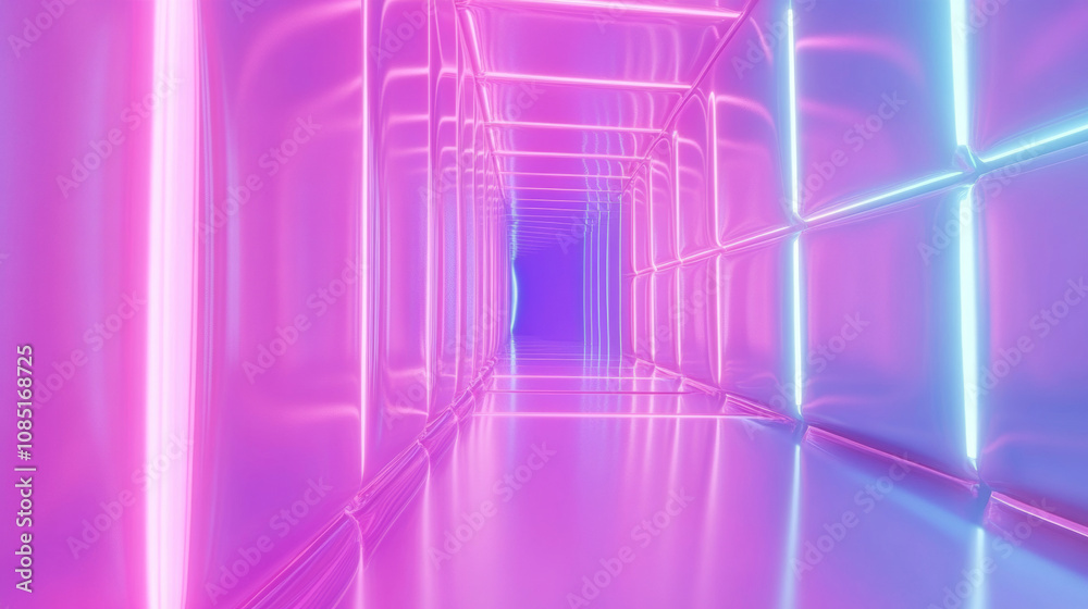 Naklejka premium 3D abstract neon light trail technology virtual reality corridor tunnel background. cyberpunk futuristic fashion vibrant line and shape geometric blue purple glow glossy club bar concert wallpaper