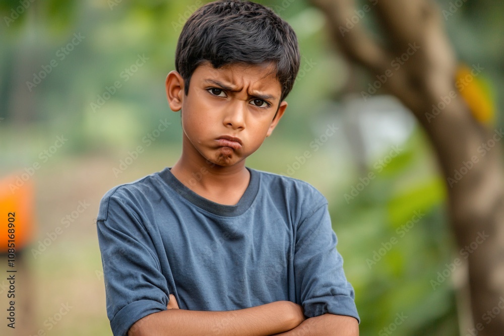 A Young Boy with a Pensive Expression in a Natural Setting A Young Boy with a Pensive Expression in a Natural Setting