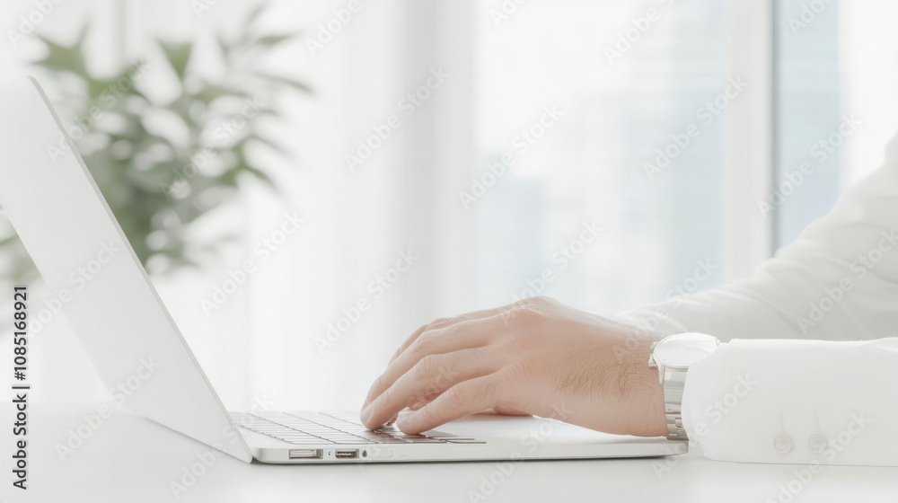 businessman typing on laptop with watch on his wrist businessman typing on laptop with watch on his wrist