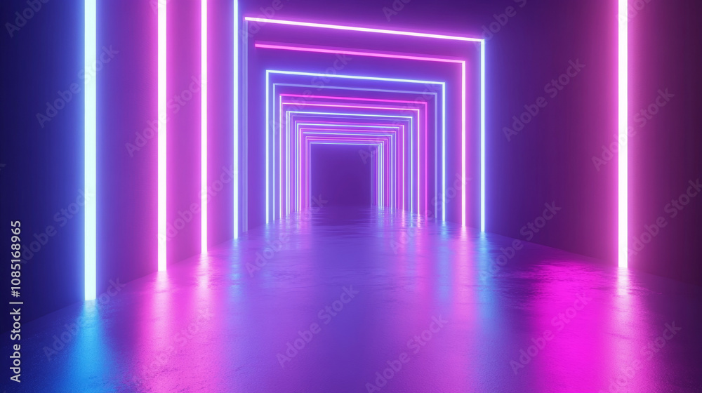3D abstract neon light trail technology virtual reality corridor tunnel background. cyberpunk futuristic fashion vibrant line and shape geometric blue purple glow glossy club bar concert wallpaper