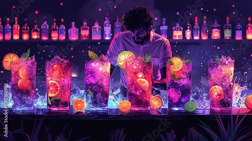 Bartender mixing a colorful cocktail at a trendy bar photo