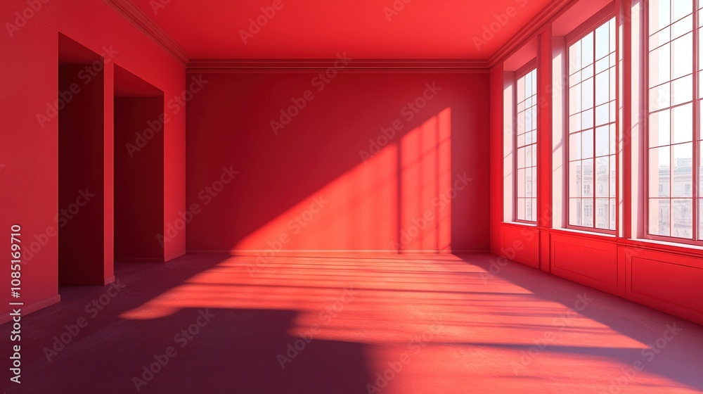 Spacious Red Interior with Bright Natural Light and Shadows Highlighting Floor and Walls in Contemporary Minimalist Design Spacious Red Interior with Bright Natural Light and Shadows Highlighting Floor and Walls in Contemporary Minimalist Design