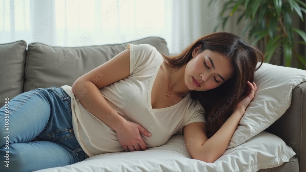 A young woman lies on a couch in a bright living room, lost in contemplation while gently holding her stomach. Sunlight filters through the curtains, creating a serene atmosphere A young woman lies on a couch in a bright living room, lost in contemplation while gently holding her stomach. Sunlight filters through the curtains, creating a serene atmosphere