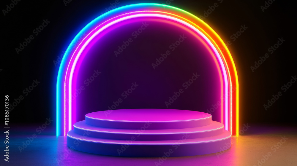 3D render abstract neon light empty circular podium stage arch technology virtual reality mockup background. cyberpunk futuristic fashion line and curve geometric colorful rainbow glow wallpaper 3D render abstract neon light empty circular podium stage arch technology virtual reality mockup background. cyberpunk futuristic fashion line and curve geometric colorful rainbow glow wallpaper