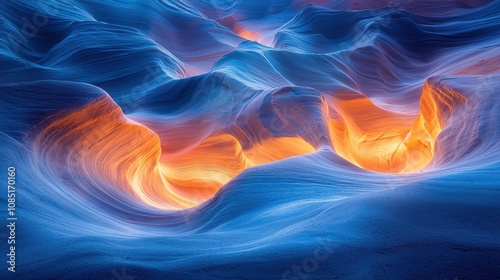 A glowing canyon lit by gradient waves of orange and blue flowing through its rugged formations. The abstract energy contrasts with the natural textures of the landscape. A dynamic and dramatic 