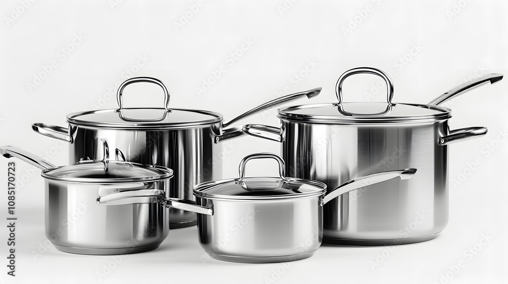 Stainless Steel Pots and Pans Set Isolated on White Stainless Steel Pots and Pans Set Isolated on White