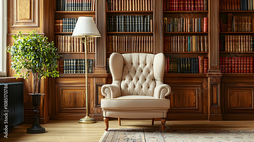 Wallpaper Mural Classic Library Interior with Bookshelves and Armchair - Realistic Image Torontodigital.ca