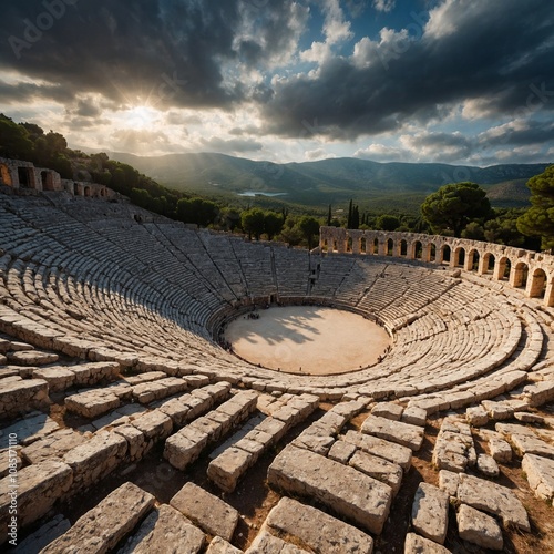 The ancient amphitheater at Epidaurus, with dramatic skies and lush greenery.

 photo