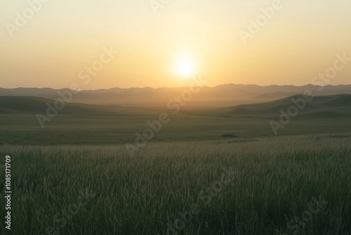 Serene Sunrise Over Rolling Fields  Nature s Tranquil Embrace