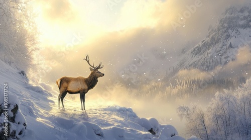 Majestic elk in serene snowy landscape winter wonderland wildlife photography tranquil environment side view nature's beauty photo