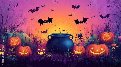 Halloween Night with Jack-O-Lanterns and Bats photo