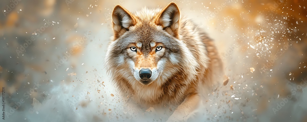 The wolf, depicted in a hyper realistic digital artwork, appears to be prowling through a dense, mist filled forest The wolf, depicted in a hyper realistic digital artwork, appears to be prowling through a dense, mist filled forest