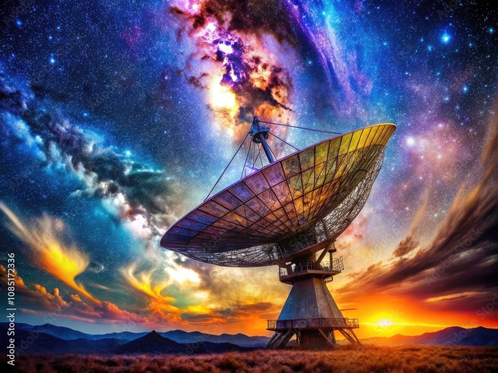 Stunning Large Parabolic Antenna Against a Cosmic Background with Stars and Nebulae for Candid Photography Stunning Large Parabolic Antenna Against a Cosmic Background with Stars and Nebulae for Candid Photography