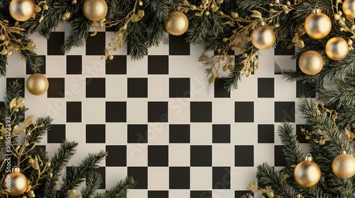 A modern Christmas background with golden decorations and tree branches arranged on a minimalist black-and-white checkered pattern. 