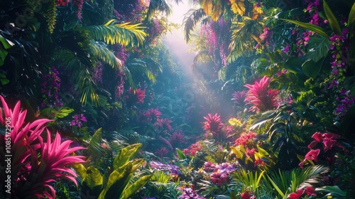 Gradient glowing waves cascade through a vibrant jungle filled with colorful flora and fauna. The surreal lighting creates a magical and otherworldly environment  photo