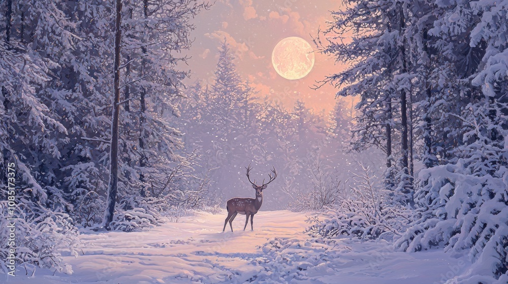 Majestic deer in snowy forest under full moon winter wonderland nature photography serene environment side view tranquility and beauty Majestic deer in snowy forest under full moon winter wonderland nature photography serene environment side view tranquility and beauty