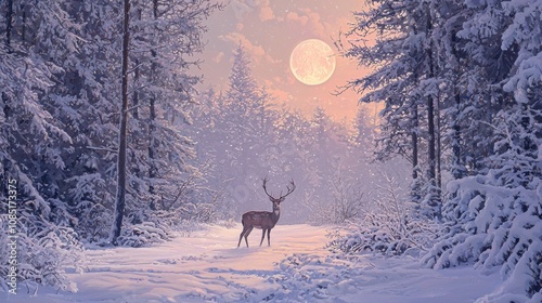 Majestic deer in snowy forest under full moon winter wonderland nature photography serene environment side view tranquility and beauty photo