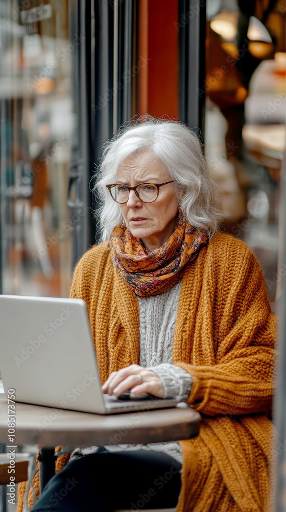 Obraz premium An elderly woman using a laptop computer AI generative.