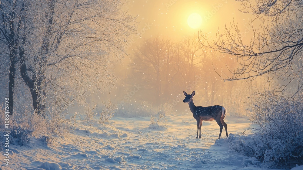 Winter scene with a deer in a snowy landscape natural environment at sunrise serene viewpoint wildlife concept Winter scene with a deer in a snowy landscape natural environment at sunrise serene viewpoint wildlife concept
