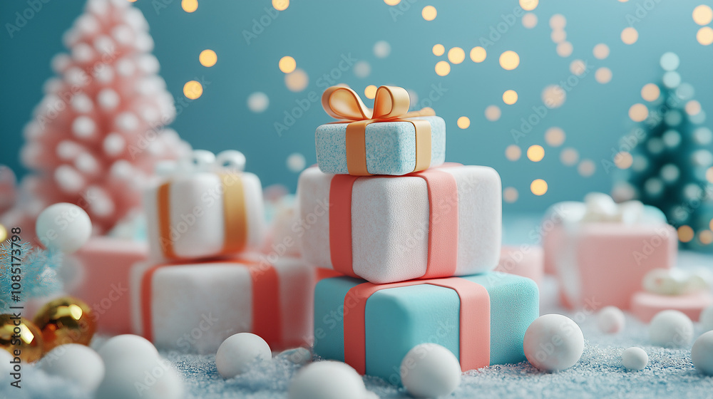 Cute marshmallow-shaped gift boxes stacked and tied with colorful ribbons, set in a festive scene Cute marshmallow-shaped gift boxes stacked and tied with colorful ribbons, set in a festive scene