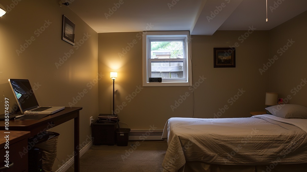 Fototapeta premium Cozy basement apartment with small window, comfortable bed, and simple wooden desk featuring a laptop. Minimalist decor highlights simplicity and functionality in a warm, inviting space.