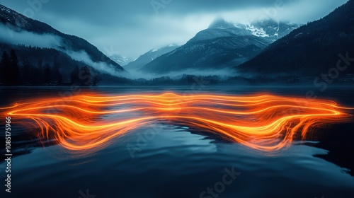 A serene mountain lake with glowing waves of orange and blue light reflecting off the water. The abstract energy adds a futuristic touch to the natural tranquility 
